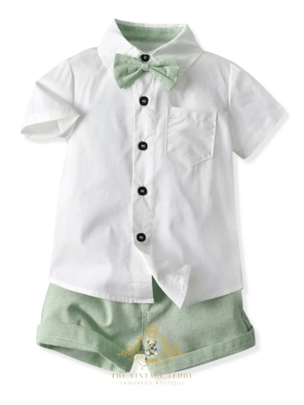 NWT Handsome Boys Oxford Button Down Shirt Shorts & Bow Tie Kids Matching Set 2T